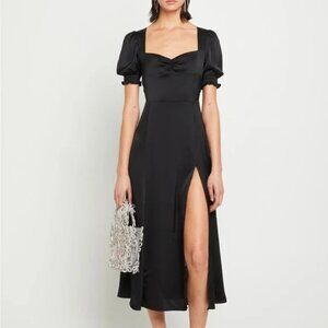 New O.P.T. Black Melanie Midi Dress Side Slit Puff Sleeves Ruching, Size M